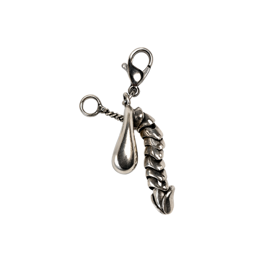 Silver charm with a penis design on a white background