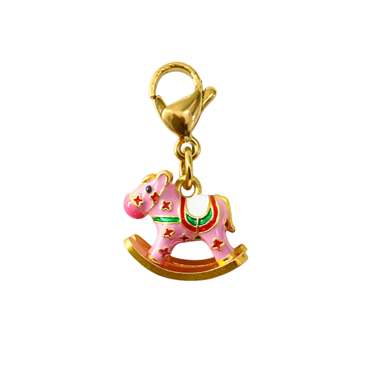 pink play horse charm with gold clasp on a white background