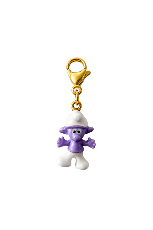 Purple smurf charm with gold clip on a white background