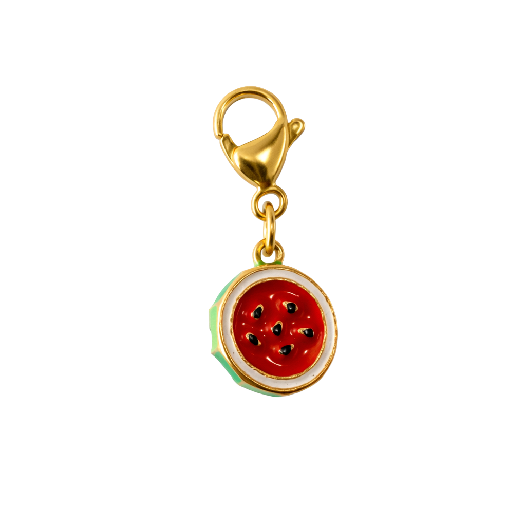Gold charm with a watermelon design on a white background