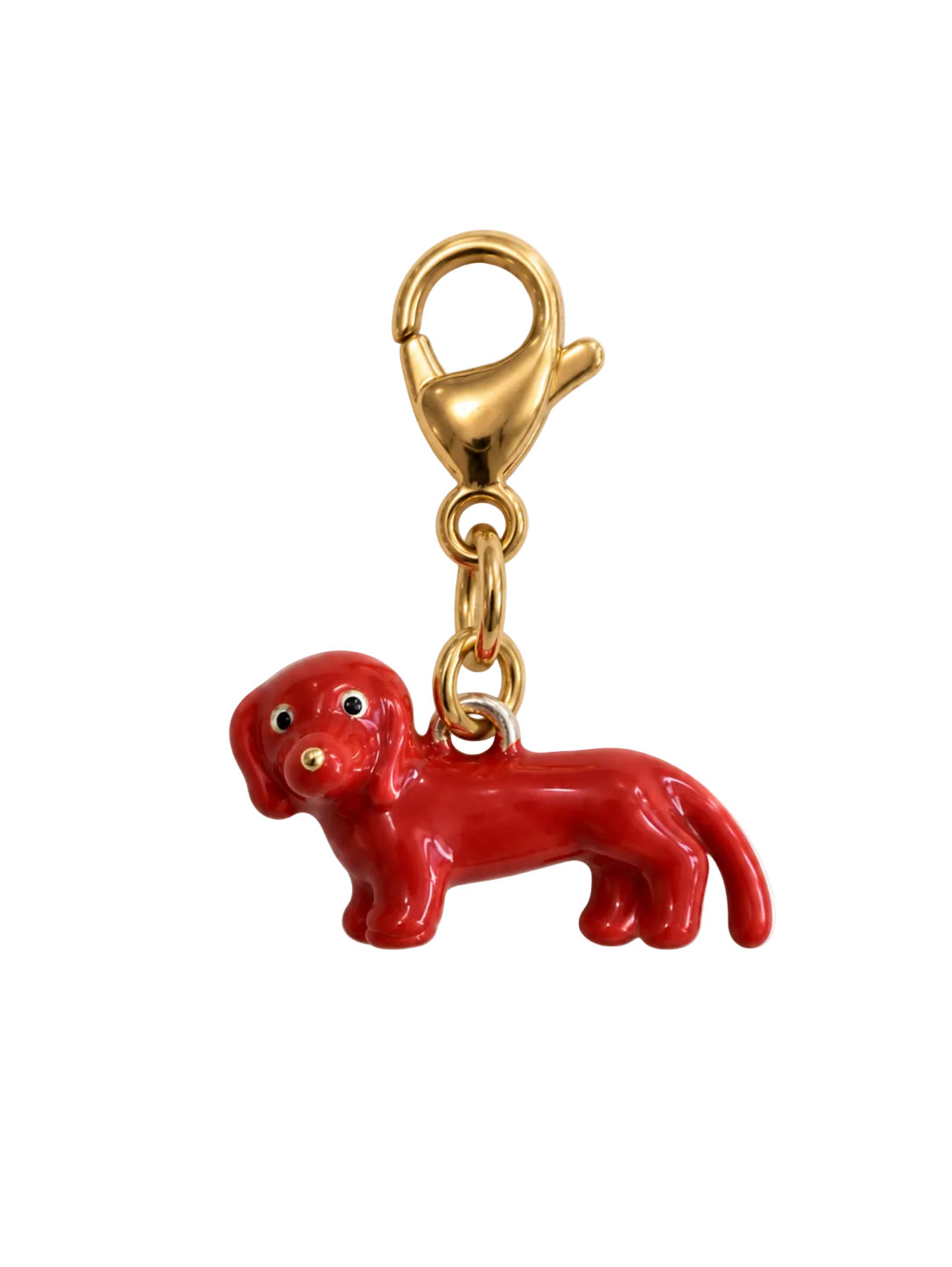 A glossy red dachshund-shaped charm keychain with a gold-tone lobster clasp and chain, shown on a plain white background.