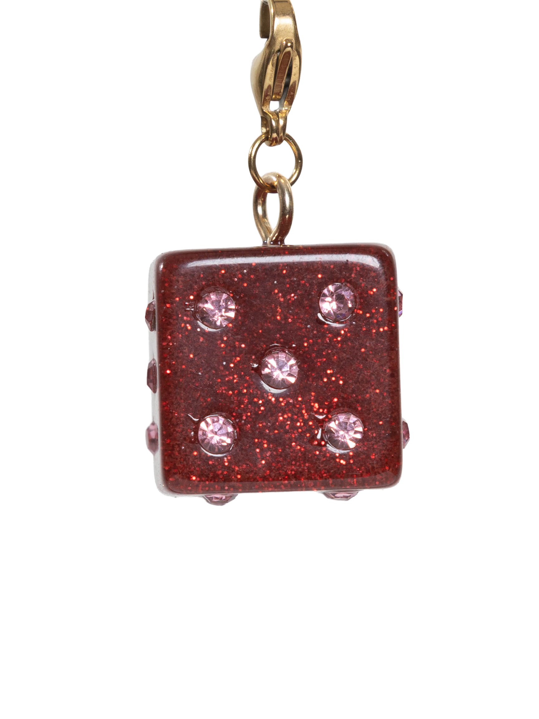 Red glittery charm with gold clasp on a white background