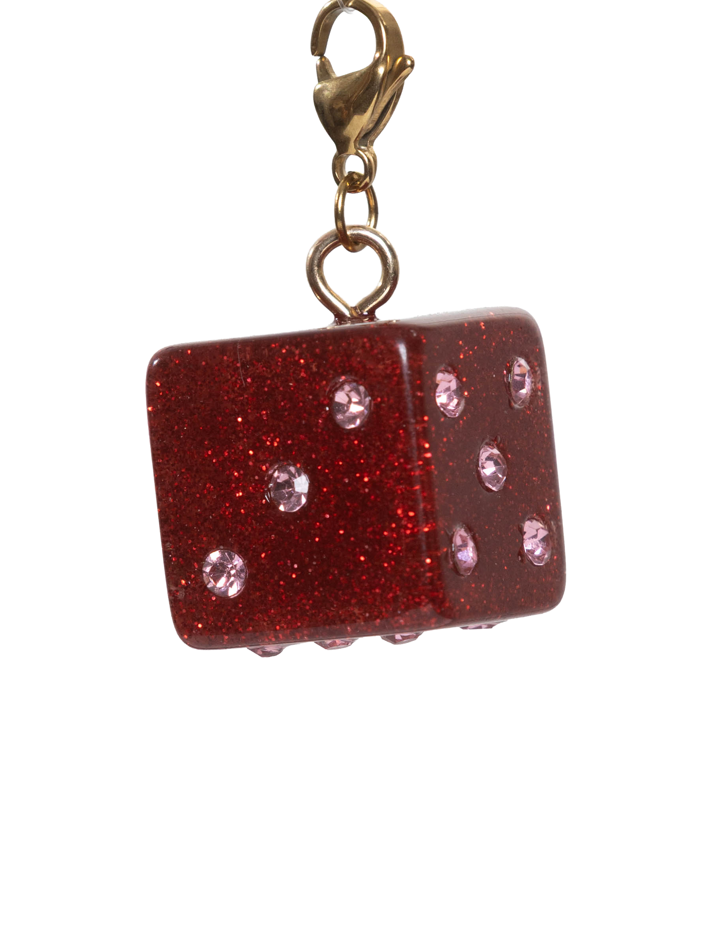 Red glittery dice charm with gold clasp on a white background