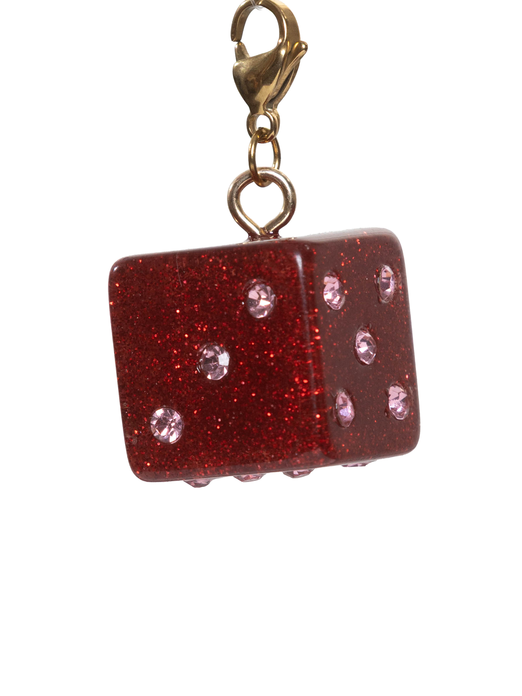 Red glittery dice charm with gold clasp on a white background