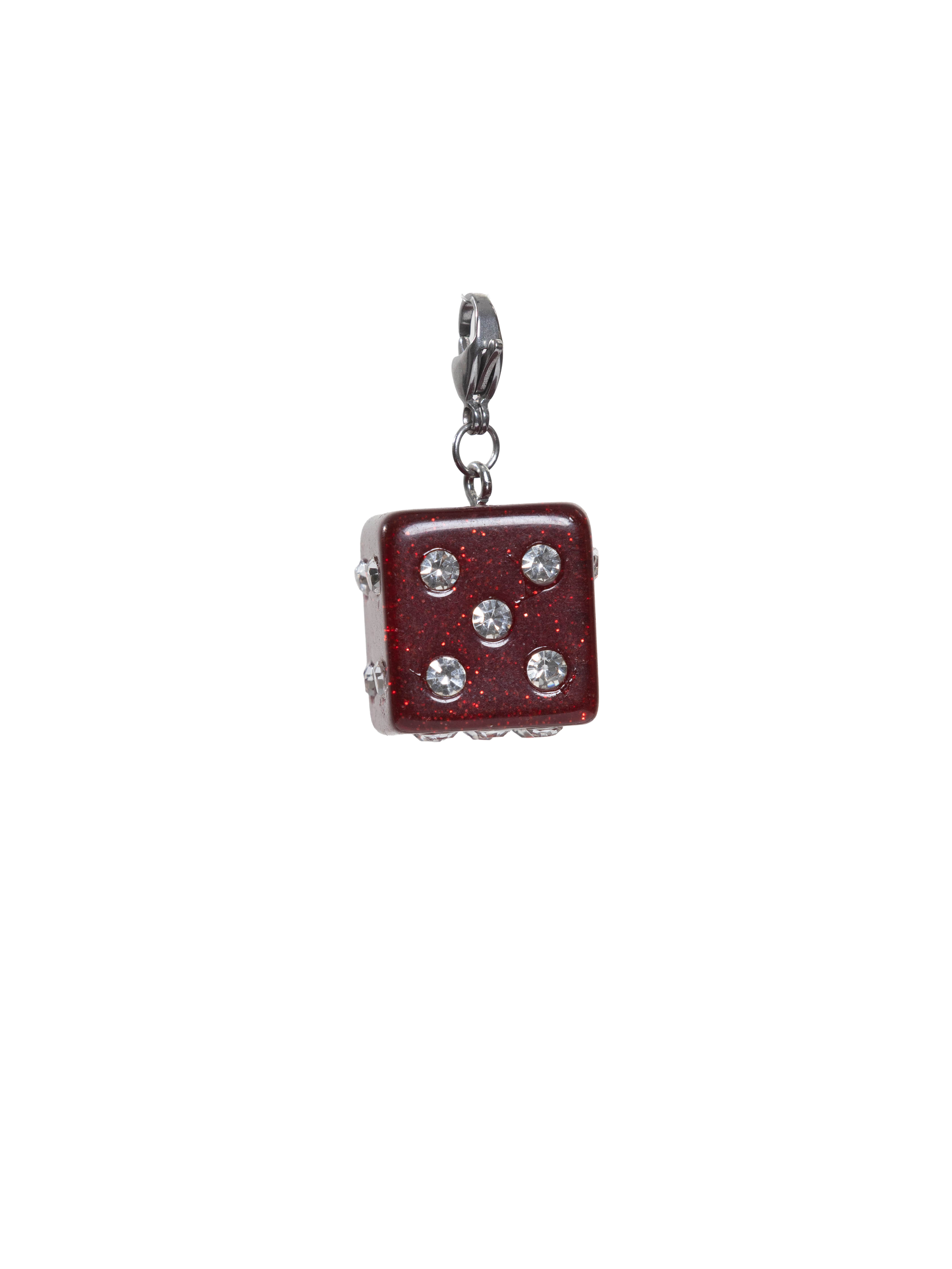 Dice-shaped charm with embedded crystals on a white background