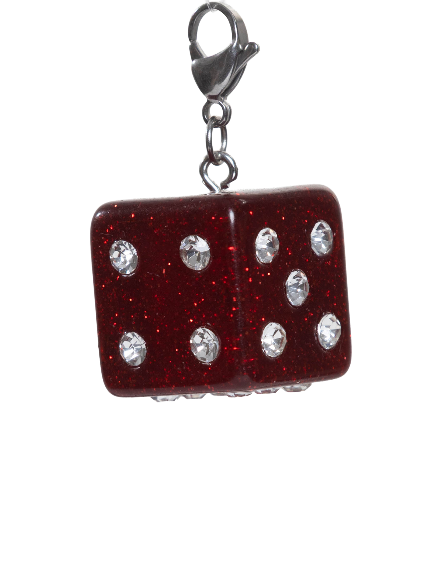 Red glittery dice charm with silver accents on a white background