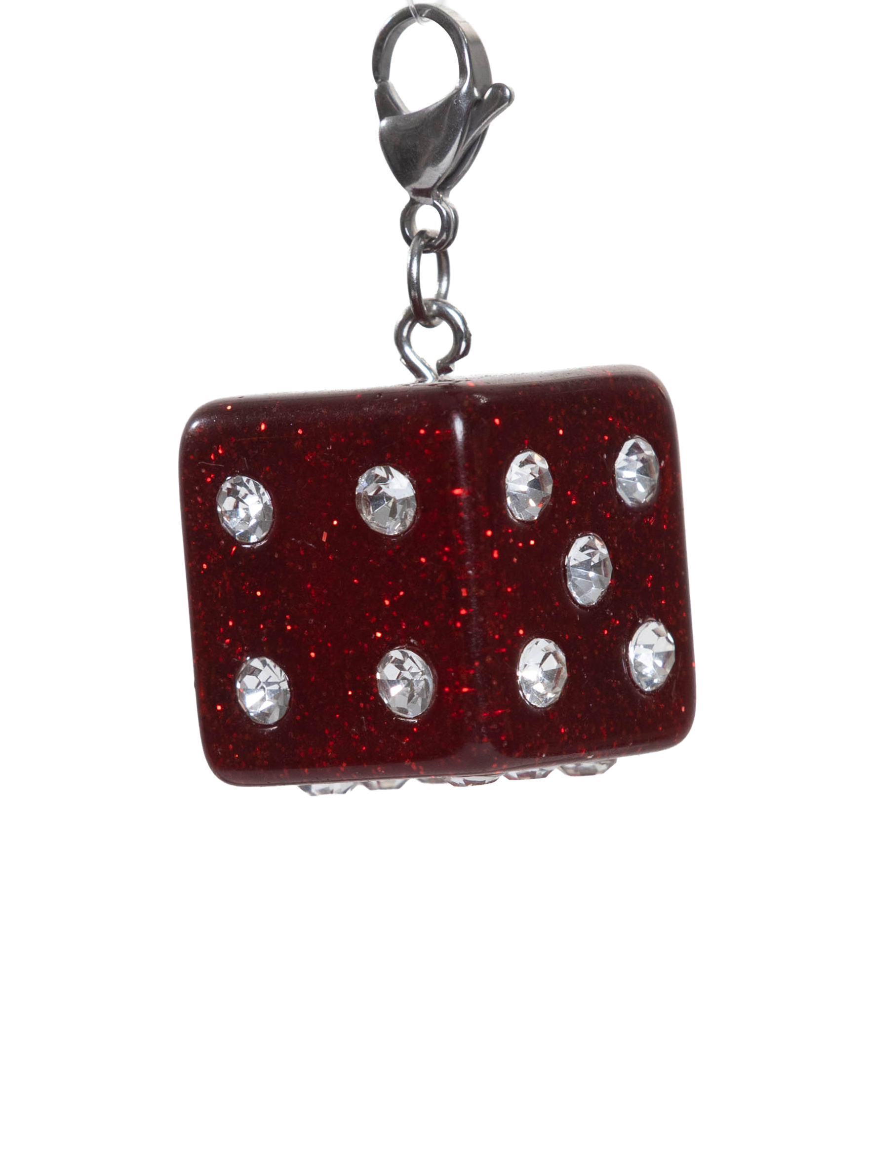 Red glittery dice charm with silver accents on a white background