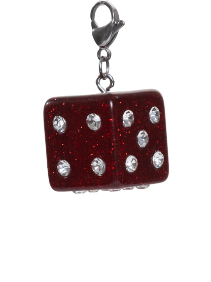 Red glittery dice charm with silver accents on a white background