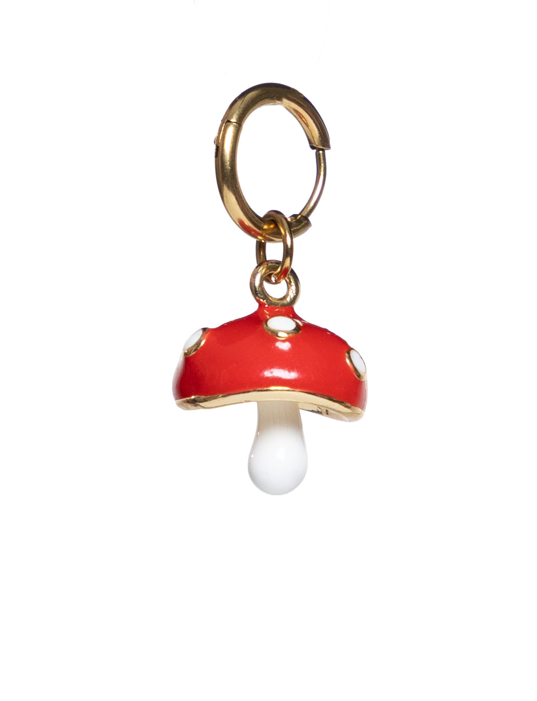 Red mushroom charm with a gold cap on a white background