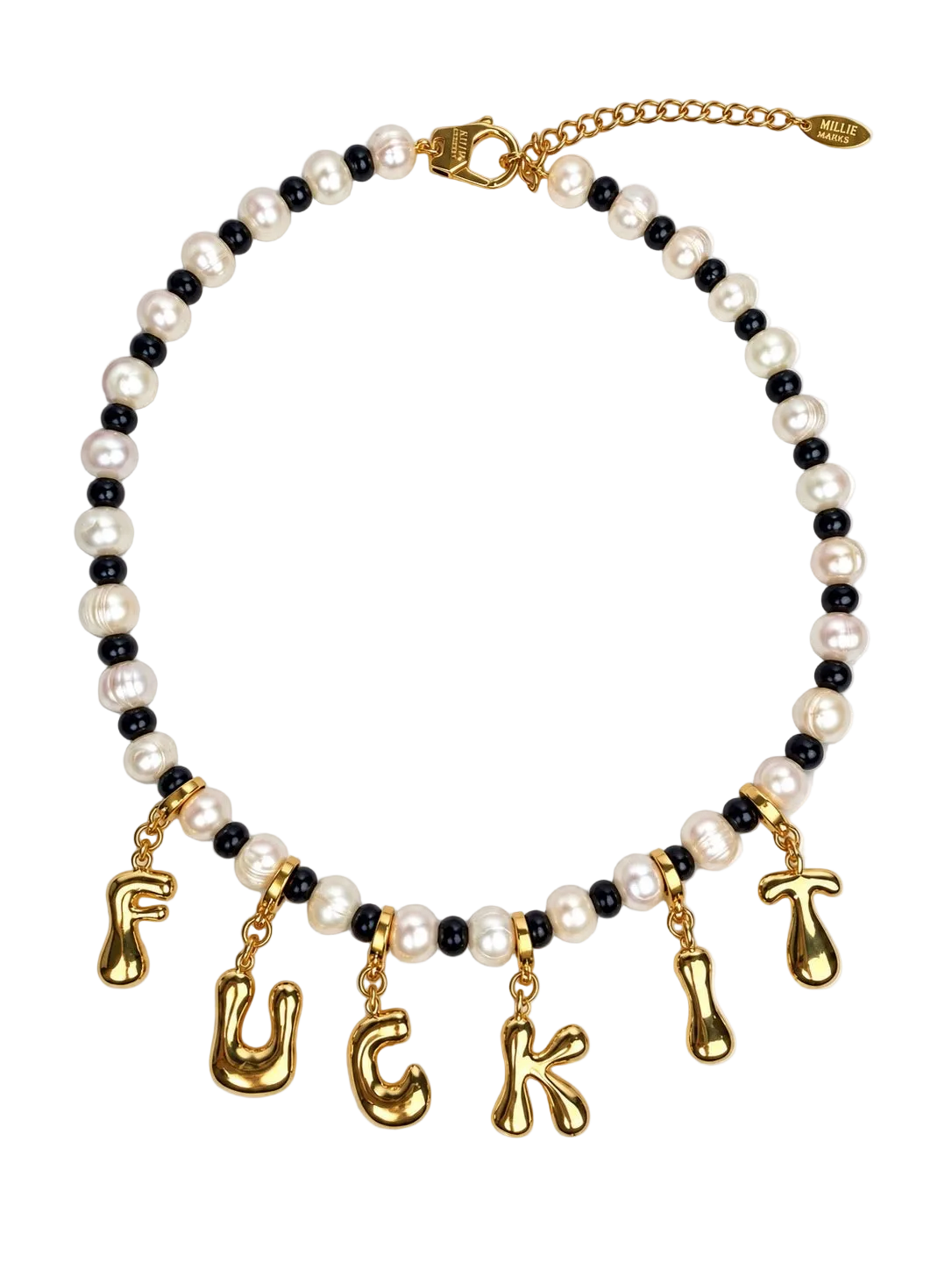 A gold-tone and black pearl MILLIE MADNESS necklace featuring white faux pearls and dangling gold letter charms spelling out 'FUCK' and 'IT' on a plain white background.