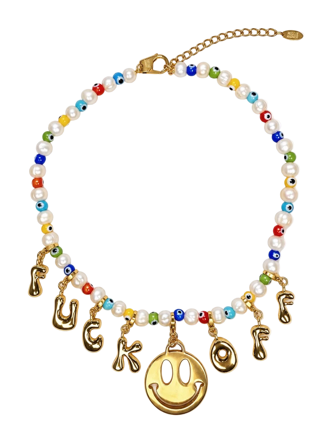 A gold-tone beaded millie madness necklace with white faux pearls, colorful evil eye beads, and dangling gold-tone letter charms spelling 'FUCK OF' around a large gold smiley face charm, shown on a white background.