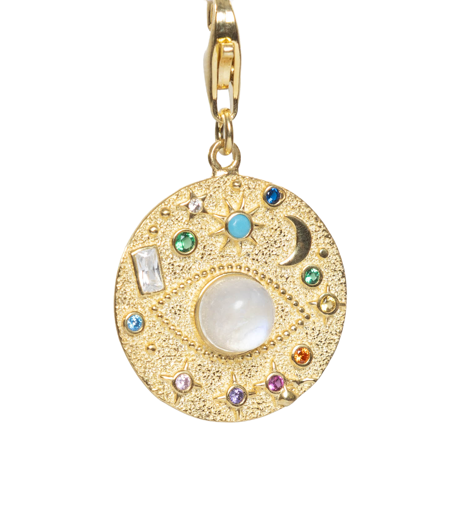 Gold pendant with colorful stones on a white background