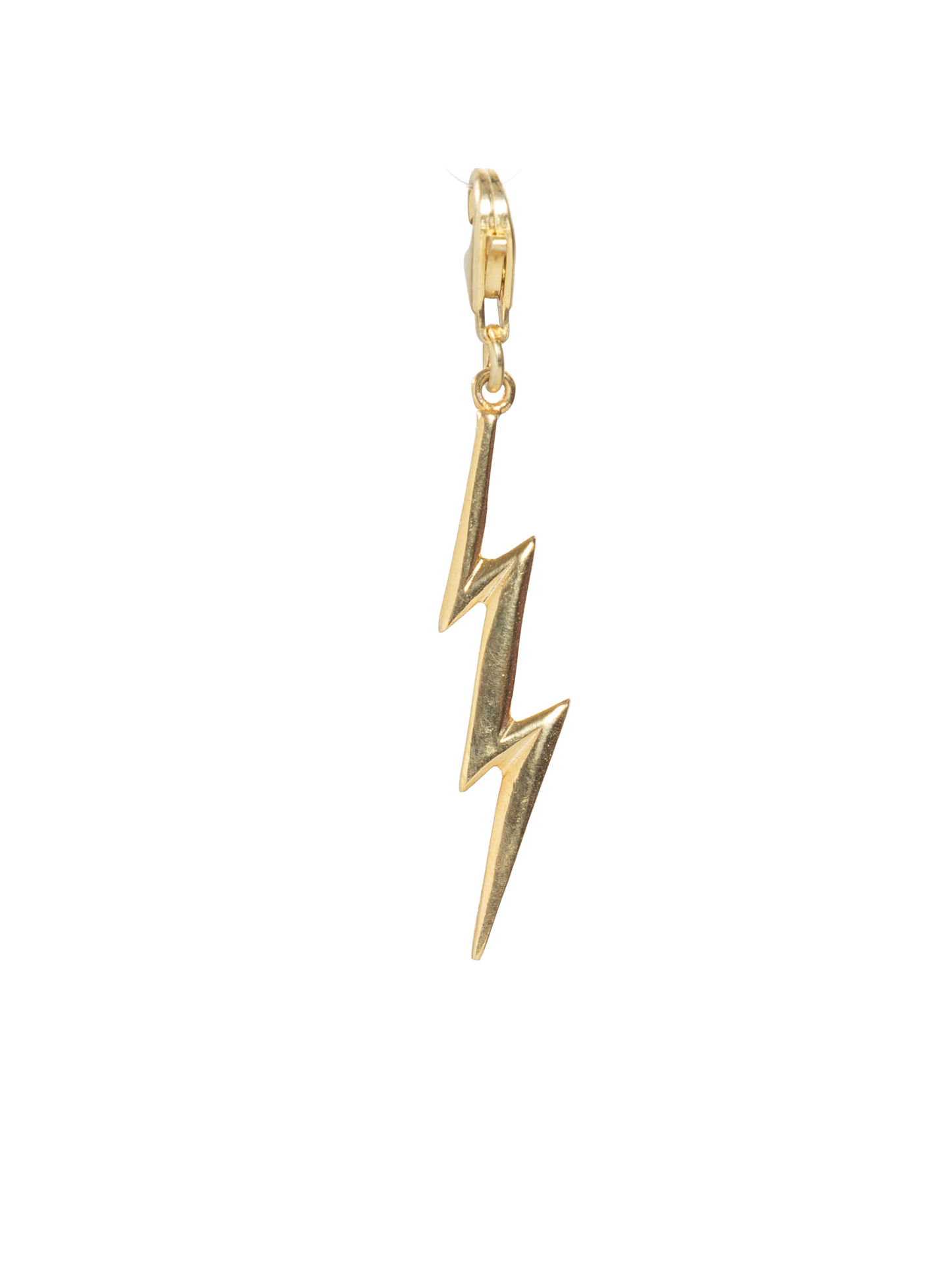 Gold lightning bolt charm on a white background