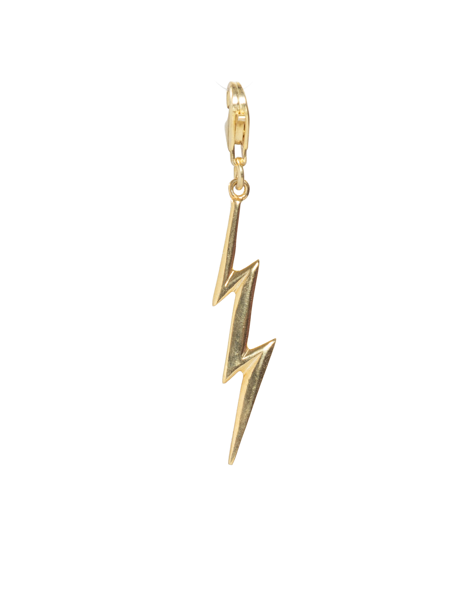 Gold lightning bolt charm on a white background