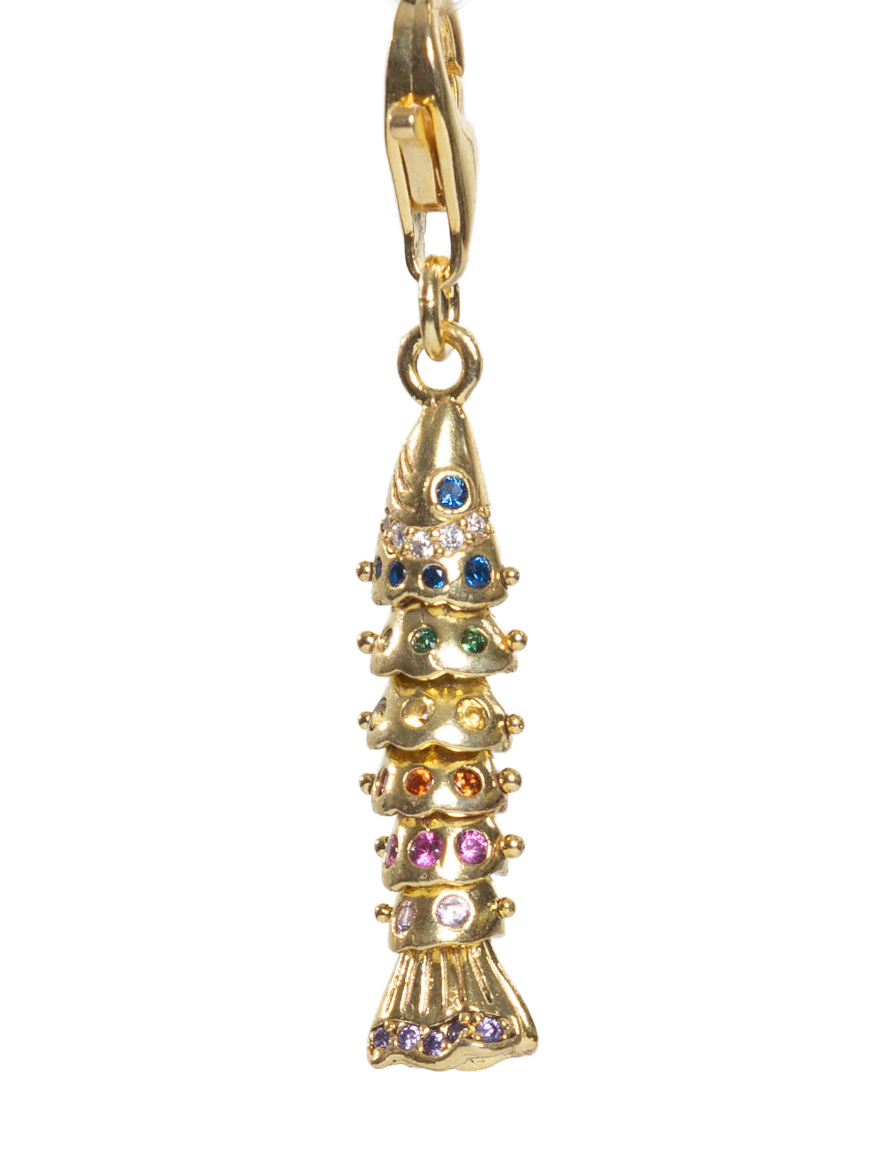 Gold fish pendant with colorful gemstones on a white background