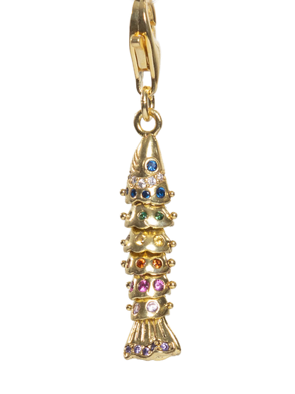 Gold fish pendant with colorful gemstones on a white background