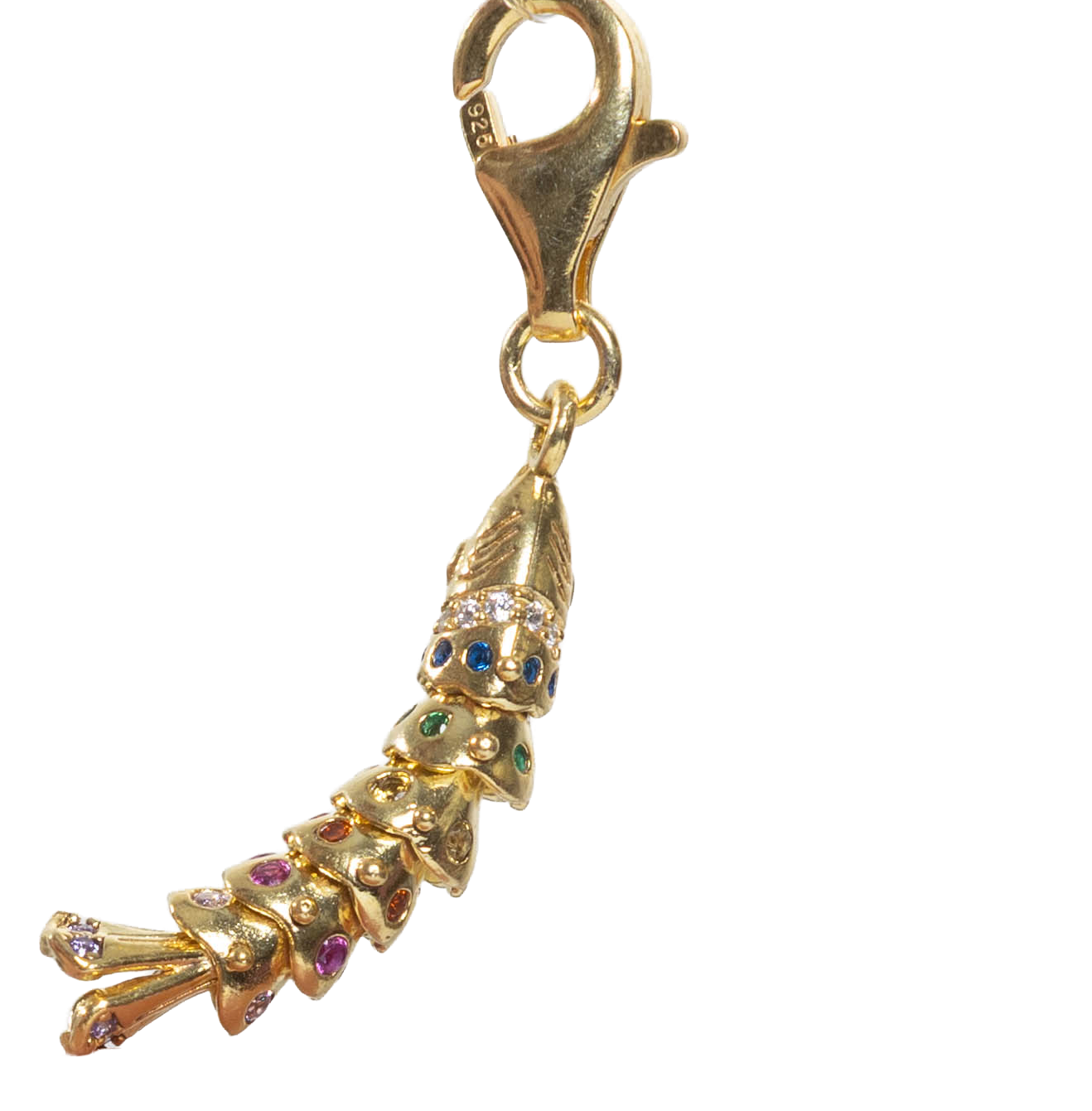 Gold fish pendant with colored gemstones on a white background