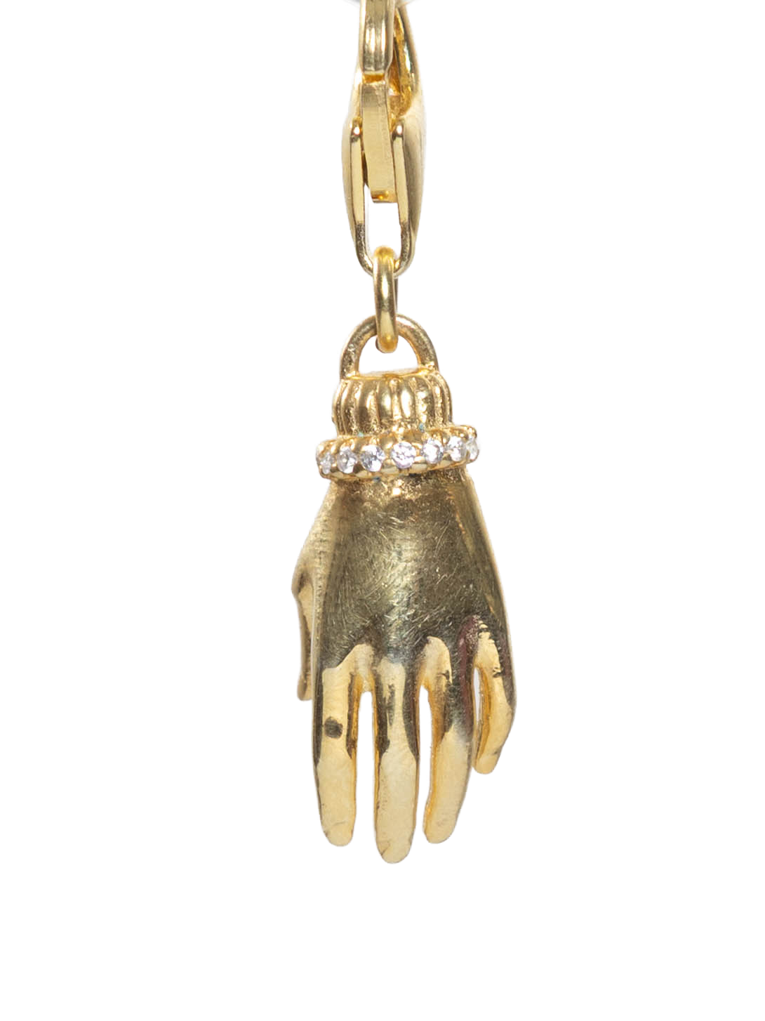 Gold hand-shaped pendant on a white background