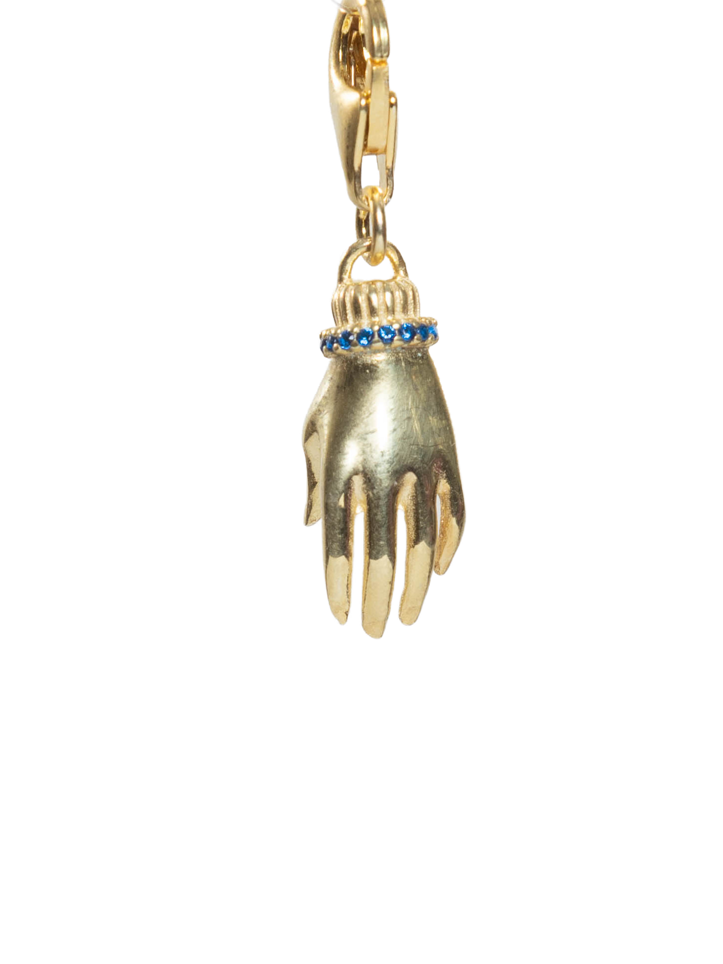 Hand-shaped pendant with gold and blue accents on a white background