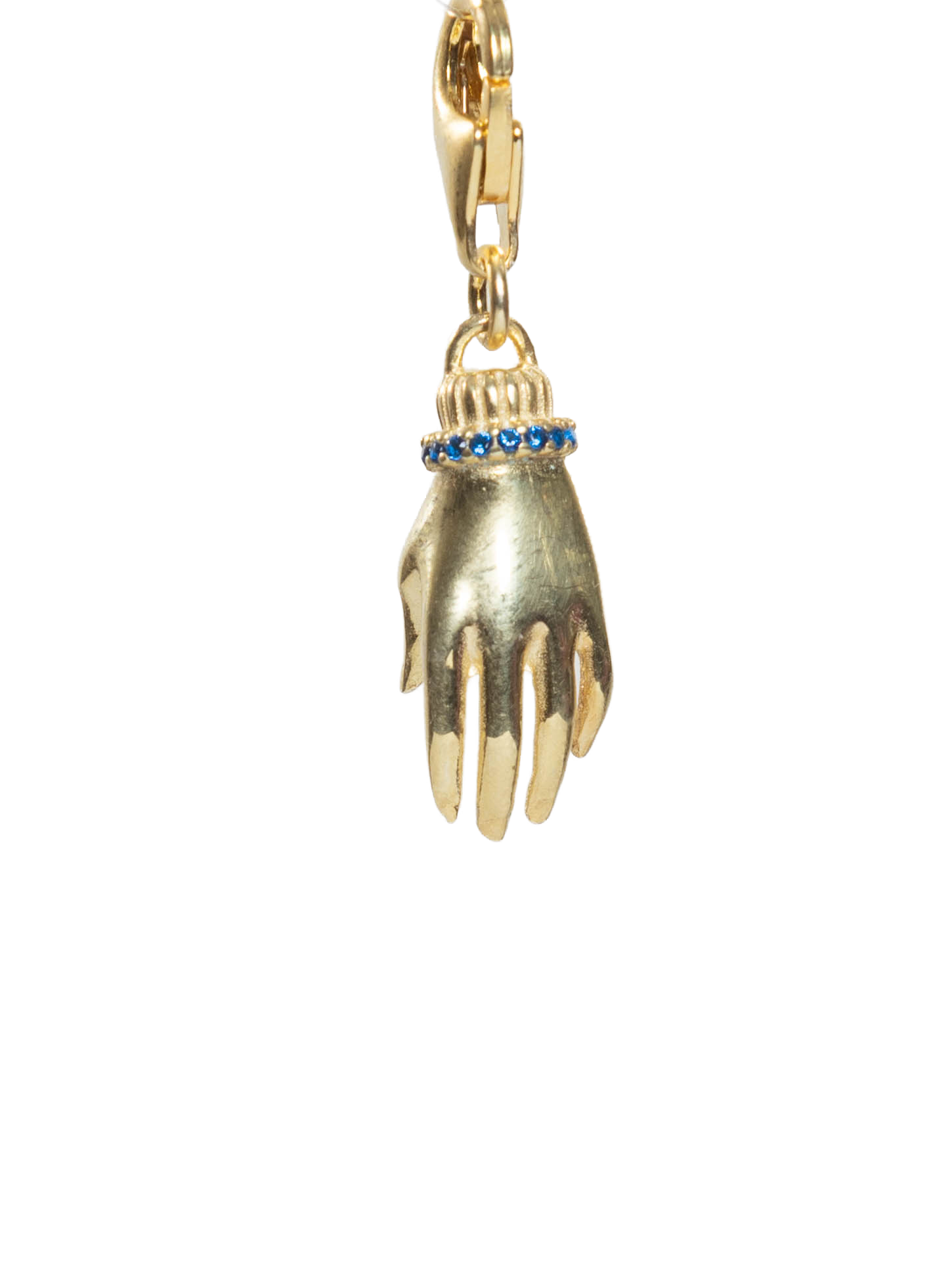 Hand-shaped pendant with gold and blue accents on a white background