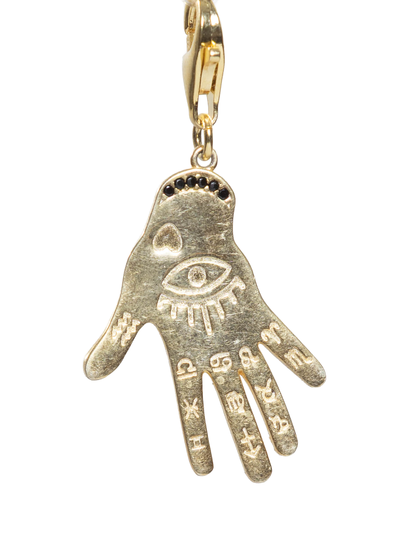 Gold hand-shaped pendant with eye design on a white background