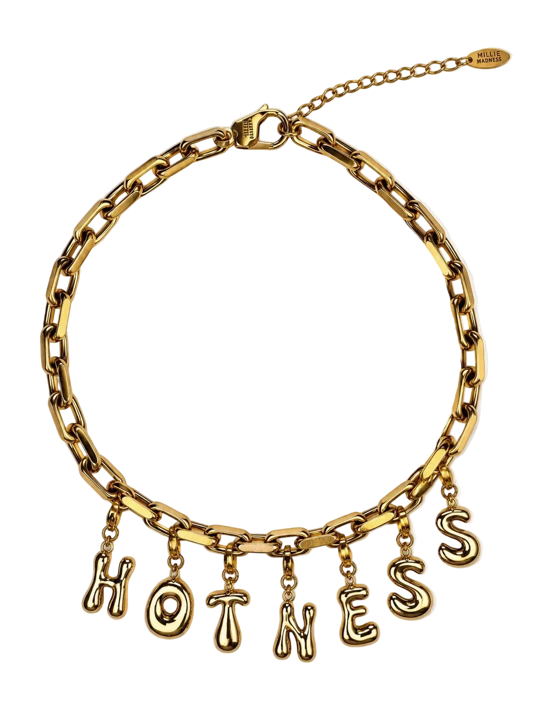A gold-tone chain millie madness necklace with dangling letters spelling 'HOTNESS' on a clean white background.