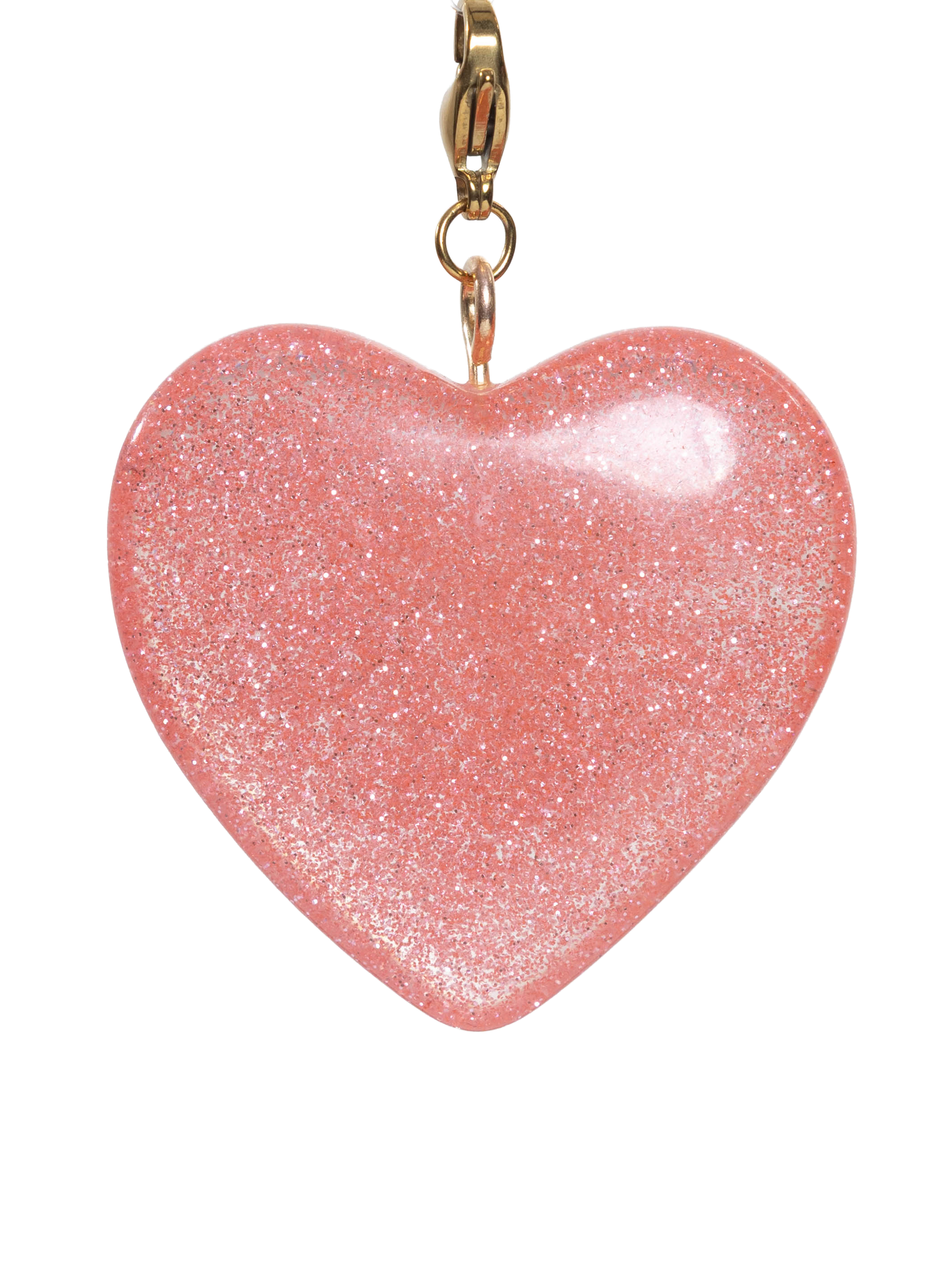 Pink heart-shaped charm with gold clasp on a white background