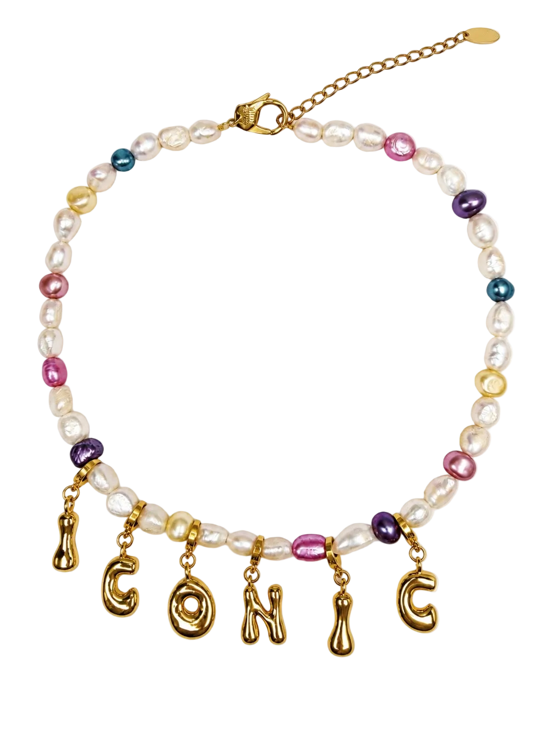A gold-tone beaded MILLIE MADNESS necklace with white baroque pearls, small multicolor beads, and dangling gold letters spelling 'ICONIC' on a plain white background.