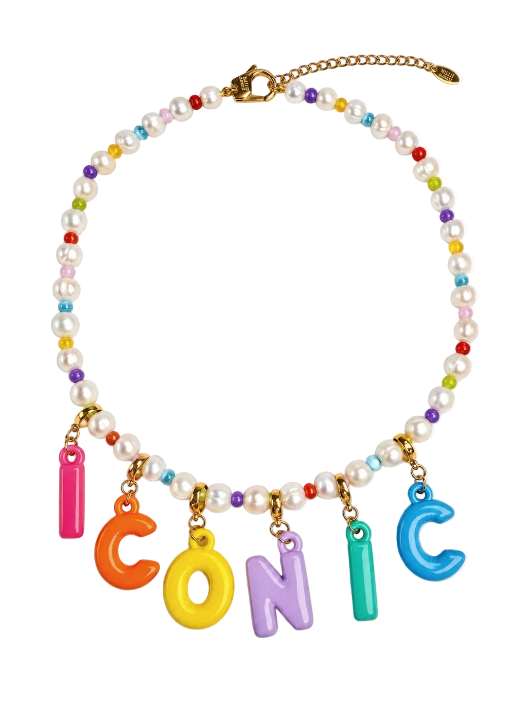 A beaded MILLIE MADNESS necklace with real pearls and small multicolor beads, featuring gold-tone hardware and colorful letter charms spelling 'ICONIC'.