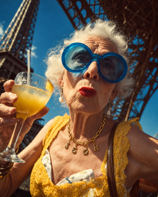 An elderly woman wearing millie madness necklace with white hair wearing oversized blue sunglasses and a yellow lace top, holding a yellow cocktail under the Eiffel Tower with the blue sky in the background.