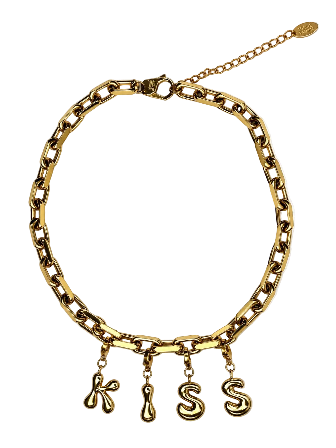 A gold-toned chain millie madness necklace with four dangling letter charms spelling 'KISS' in a stylized font, displayed on a clean white background.