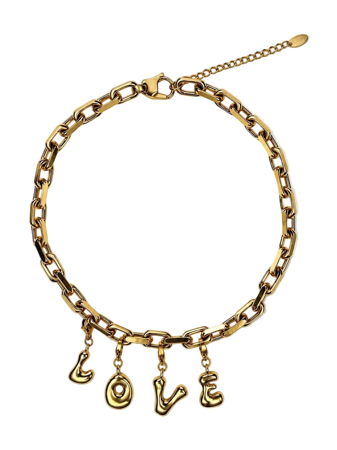 A gold-tone chain MILLIE MADNESS necklace with four dangling letter charms spelling out 'LOVE', displayed on a clean white background.