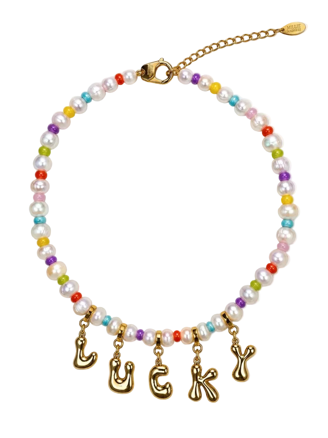A beaded MILLIE MADNESS necklace featuring white pearl-like beads interspersed with small multicolored beads, finished with a gold-tone chain clasp and five dangling gold-tone letters spelling 'LUCKY'.