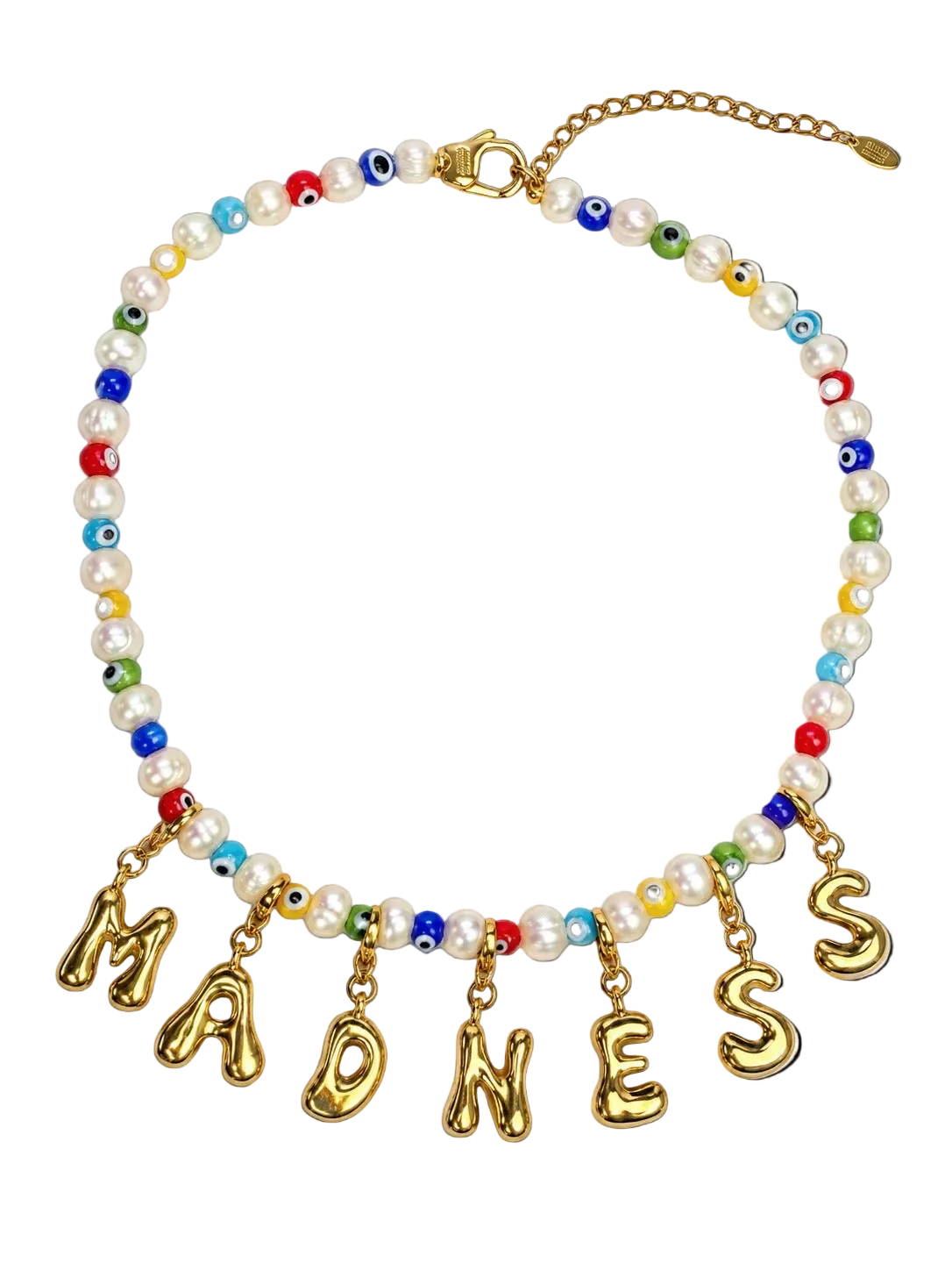 A beaded statement necklace featuring white faux pearls, colorful evil eye beads, and gold letter charms spelling MILLIE MADNESS 'MADNESS' on a white background.