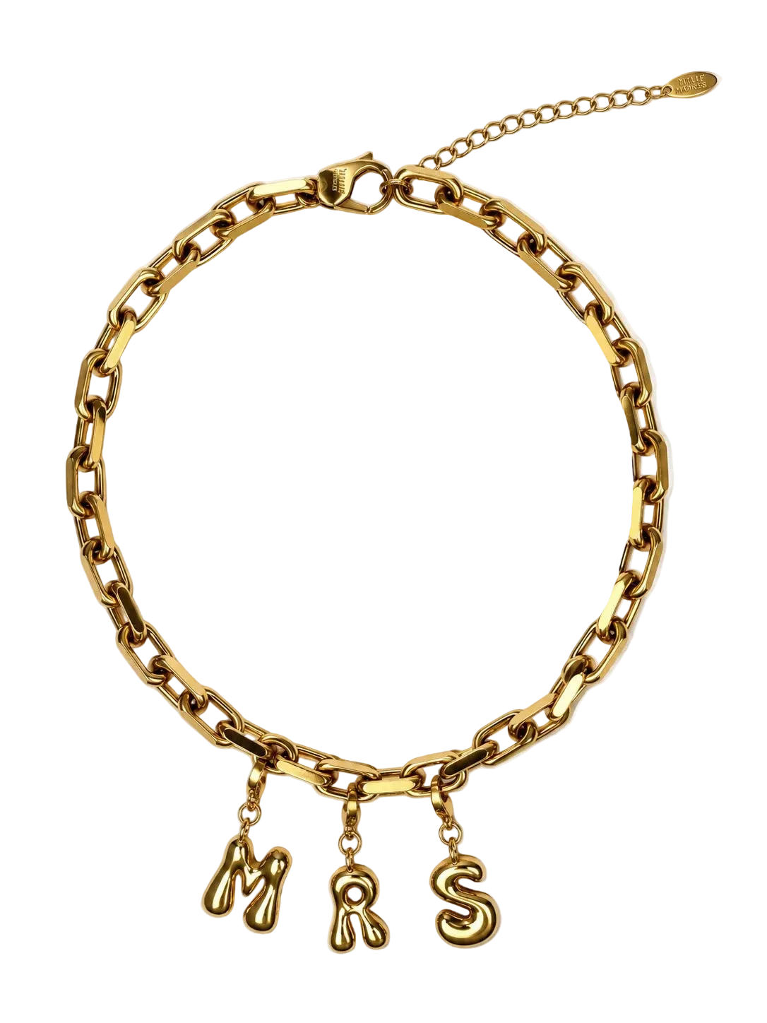 A gold-colored chunky chain MILLIE MADNESS necklace with three dangling letter charms spelling 'MRS' in a cursive font, displayed on a clean white background.
