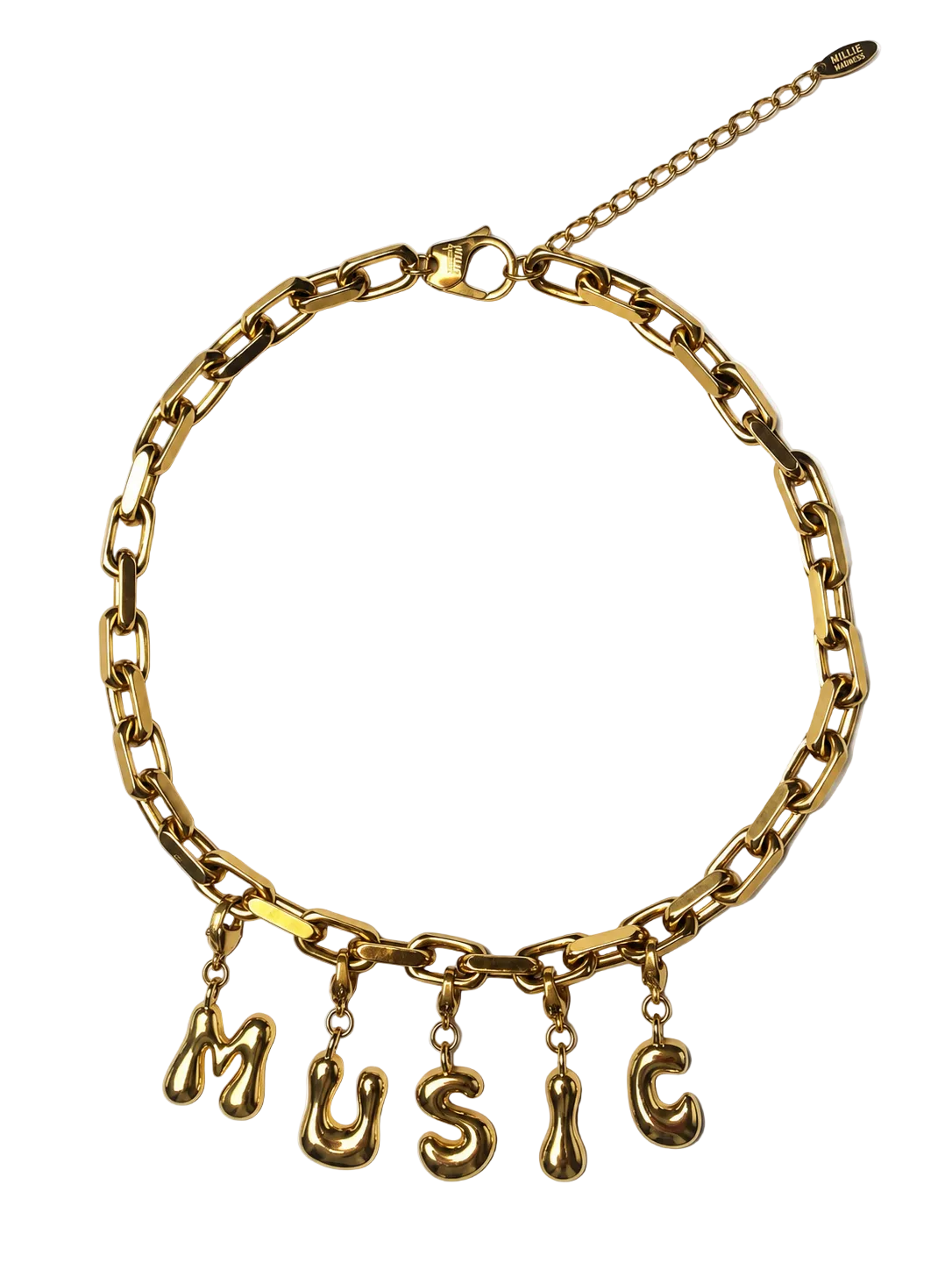 A gold-tone MILLIE MADNESS chain necklace with dangling letter charms spelling out 'MUSIC' in a bold, chunky link style, shown on a plain white background.