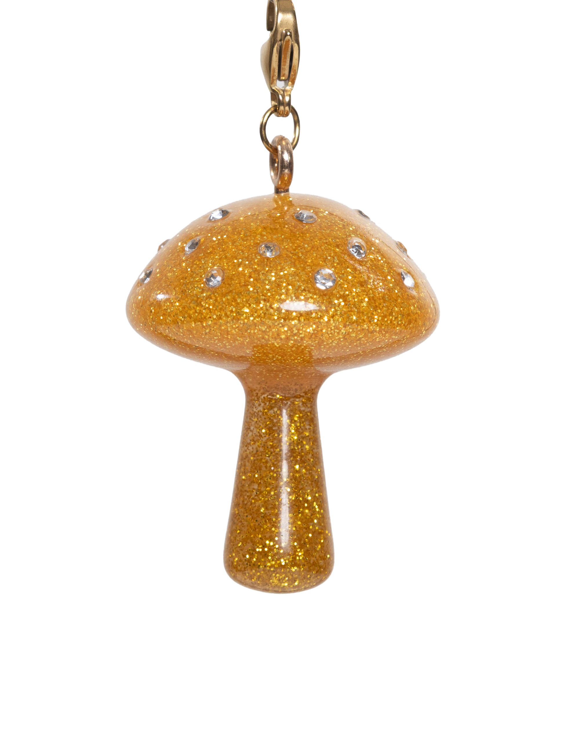Gold glittery mushroom charm with rhinestones on a gold stainless steel clasp on a white background
