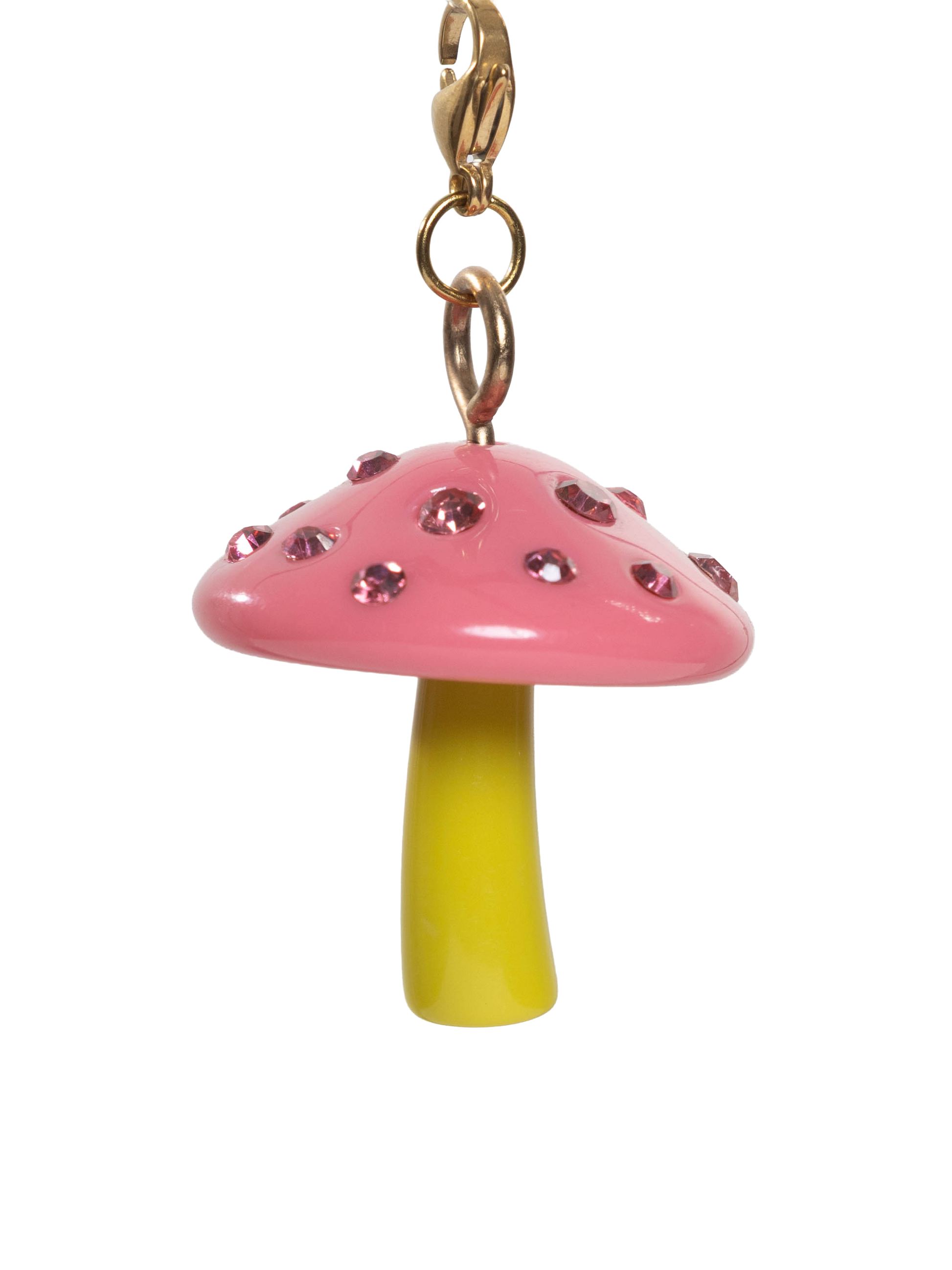 Pink mushroom-shaped ornament with a green stem on gold stainless steel clasp and a white background