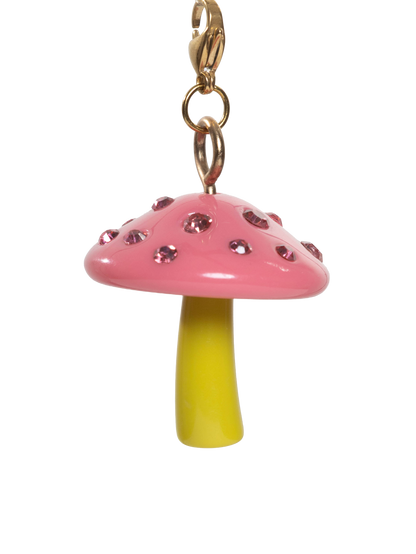 Pink mushroom-shaped ornament with a green stem on gold stainless steel clasp and a white background