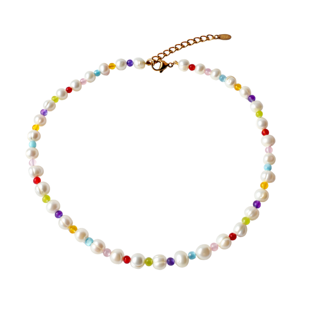 Necklace with pearls and multicolored beads on a white background