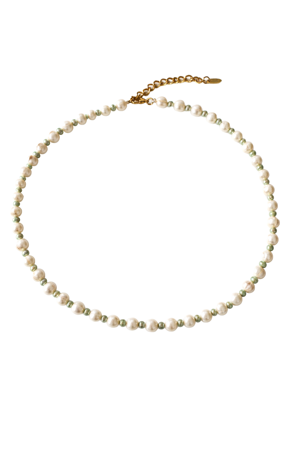 Necklace with white and green pearls on a white background