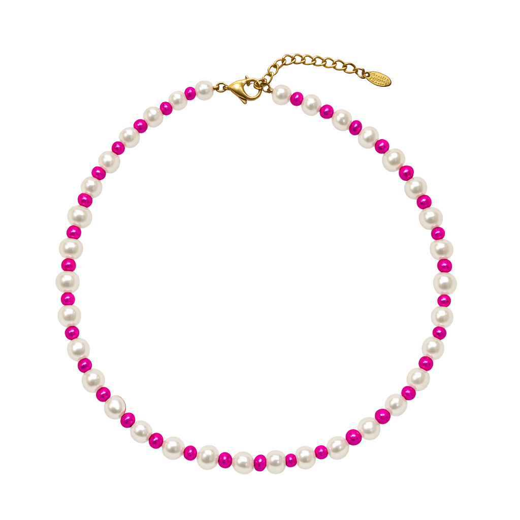 Necklace with alternating white and pink beads on a white background