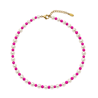 Necklace with alternating white and pink beads on a white background