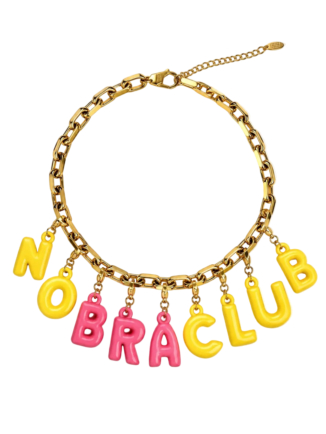 A gold-tone chain Millie Madness necklace with dangling letter charms spelling 'NO BRA CLUB' in alternating yellow and pink letters, shown on a plain white background.