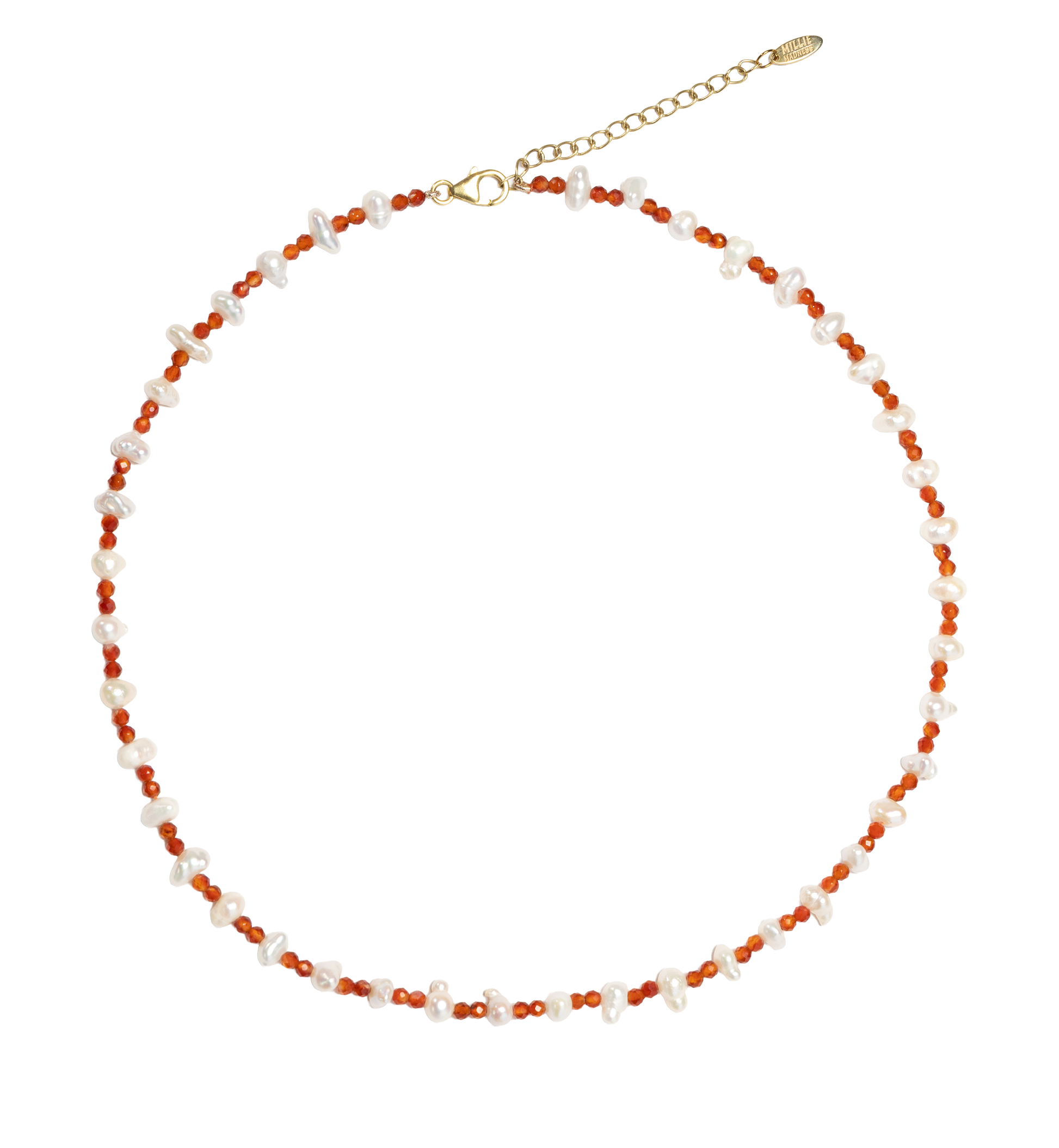 Necklace with small beads semi precious stones and pearls on a white background