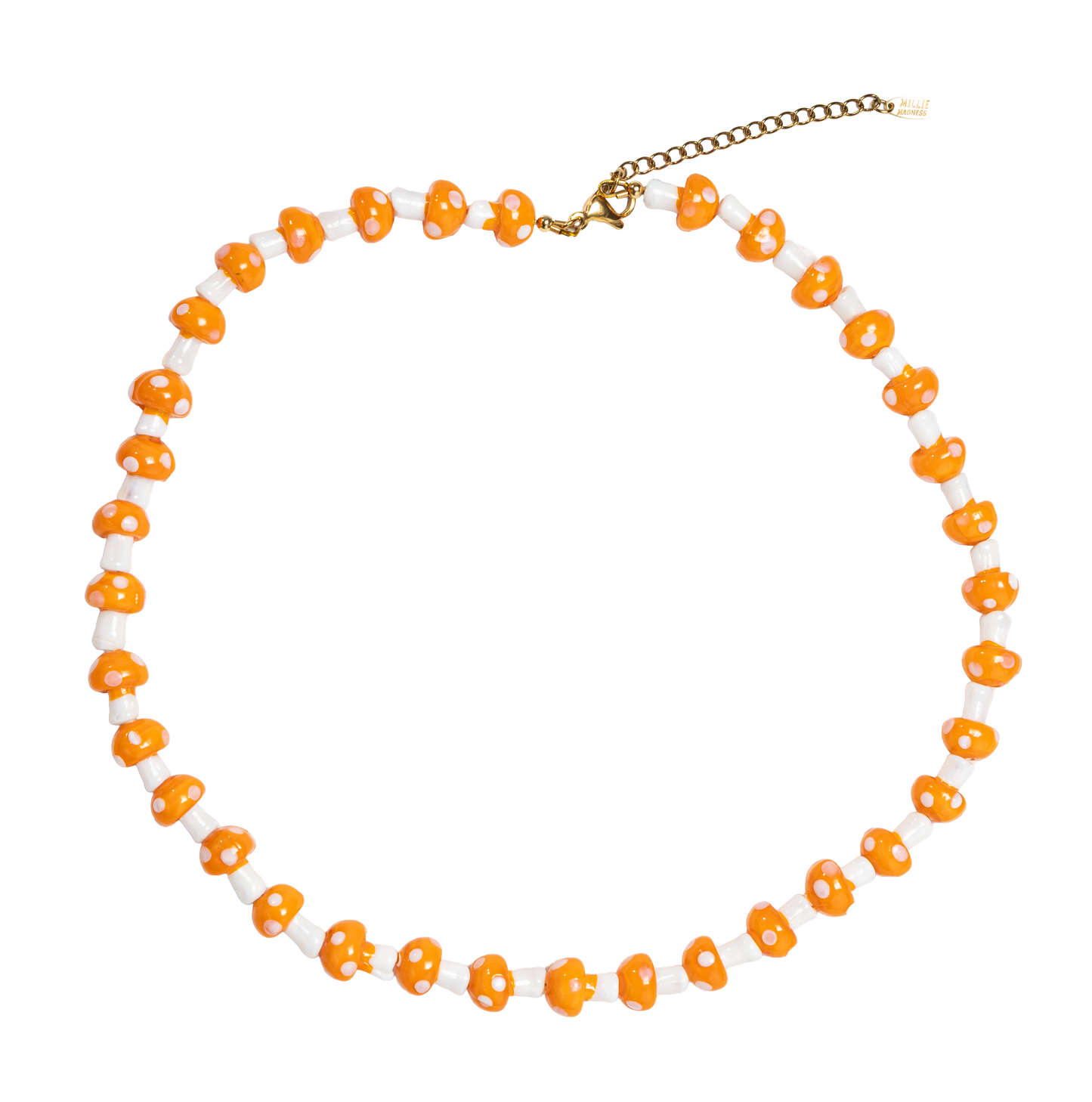 Necklace with orange and white mushroom beads  on a white background