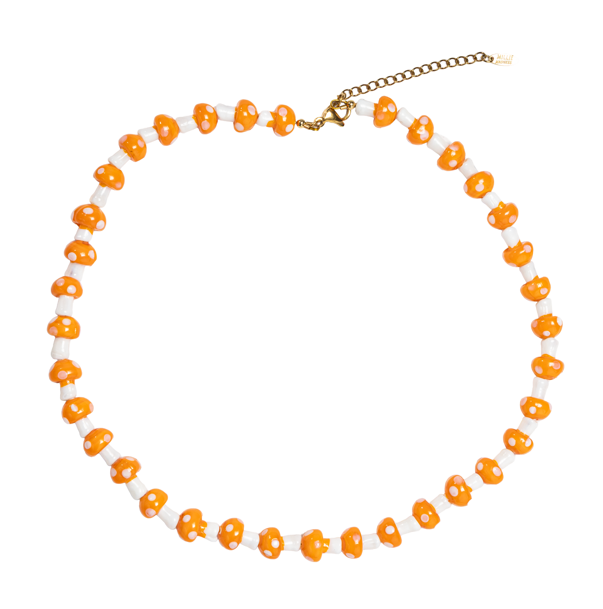 Necklace with orange and white mushroom beads  on a white background