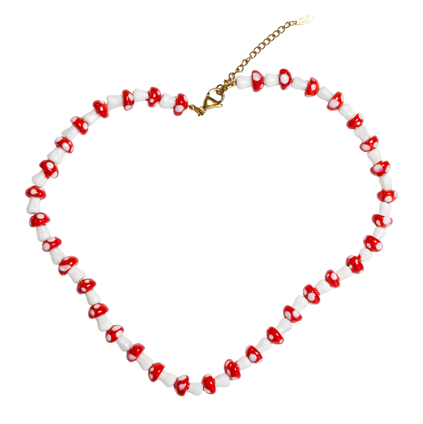 Necklace with red and white mushroom-shaped beads forming a heart shape on a white background