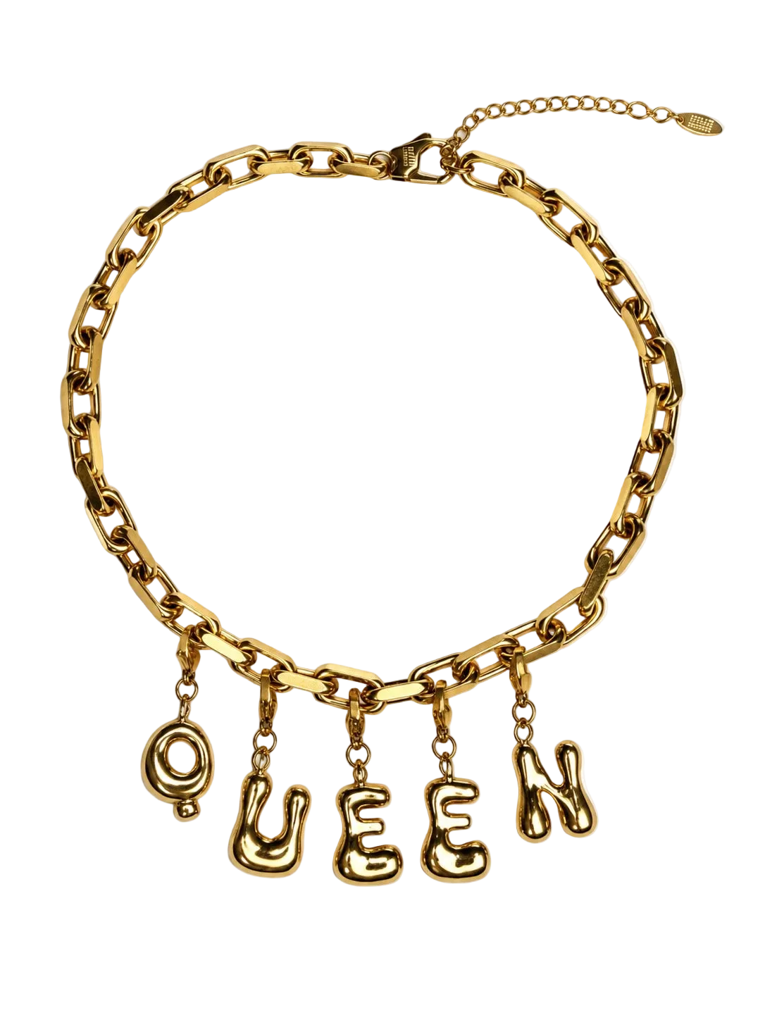 A gold-tone chain millie madness necklace with dangling letters spelling 'QUEEN' on a plain white background.