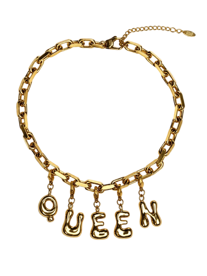 A gold-tone chain millie madness necklace with dangling letters spelling 'QUEEN' on a plain white background.